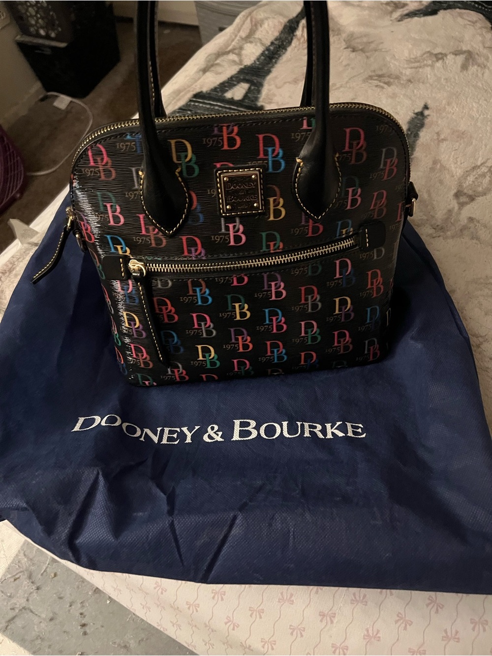 Dooney & Bourke Black Multicolor Logo Dome Satchel 1975 Anniversary Edition